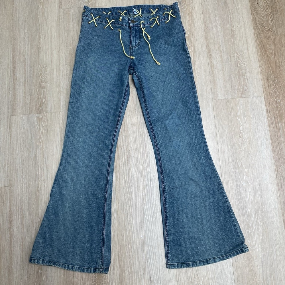Vintage Y2K Mudd Lace Up Waistband Flare Jeans Size 7 Low Rise Denim 90s Hippie